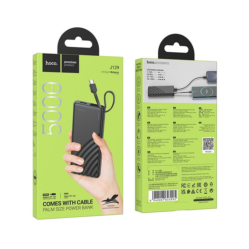 Powerbank HOCO 5000 mAh com cabo integrado Tipo C 2A J129 - Preto