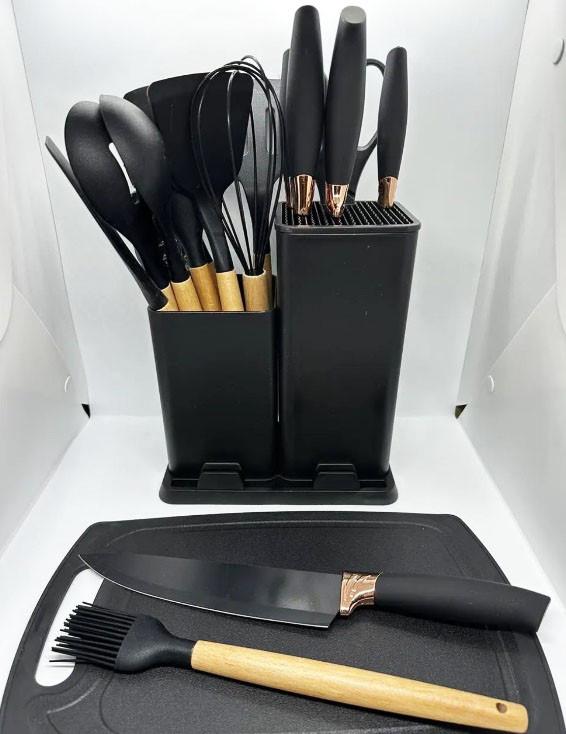 Conjunto de Utensílios de Cozinha com Tábua Preto - 18pçs