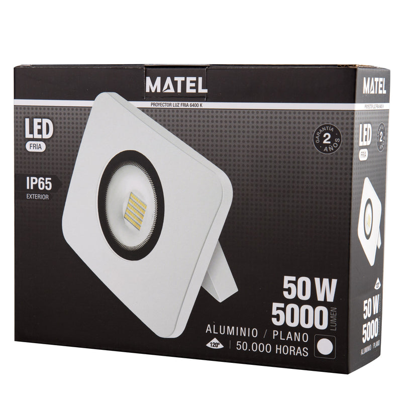 Projetor Led Matel Flat Branco  IP65 50W Luz Branco Frio