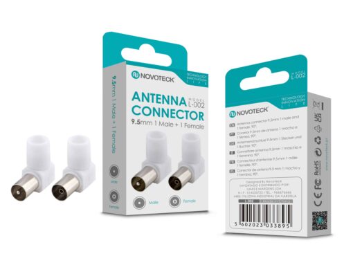 Conector de Antena em Ângulo NOVOTECK L-002 – Macho 9,5mm + Fêmea 90°, Conexão Segura e Durável