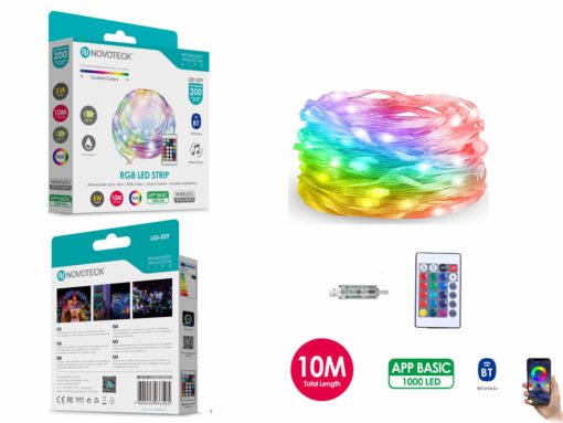 Fita LED Strip RGB Interativa Novoteck LED-029 – 10m, 1000 LEDs, 5W, Bluetooth, Controle por App, IP65