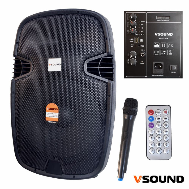 Coluna Amplificada 15" USB/BT/SD/FM/BAT MIC S/ Fios VSOUND