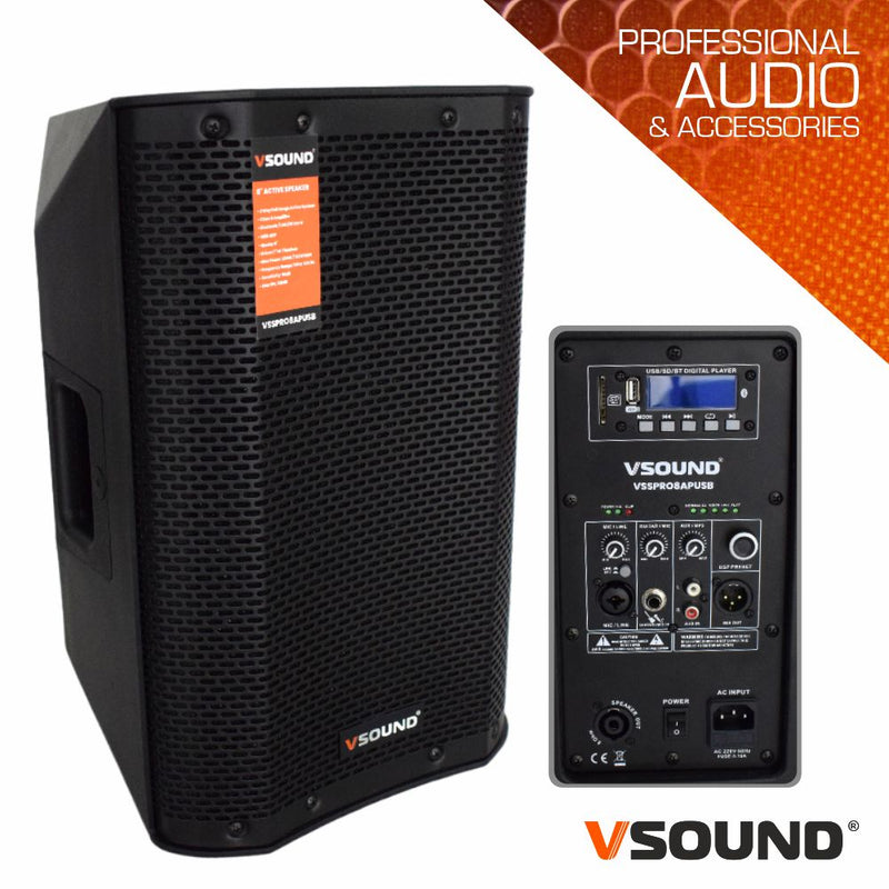 Coluna Bi-Amplificada PRO 8" USB/SD/FM/BT 300W VSOUND