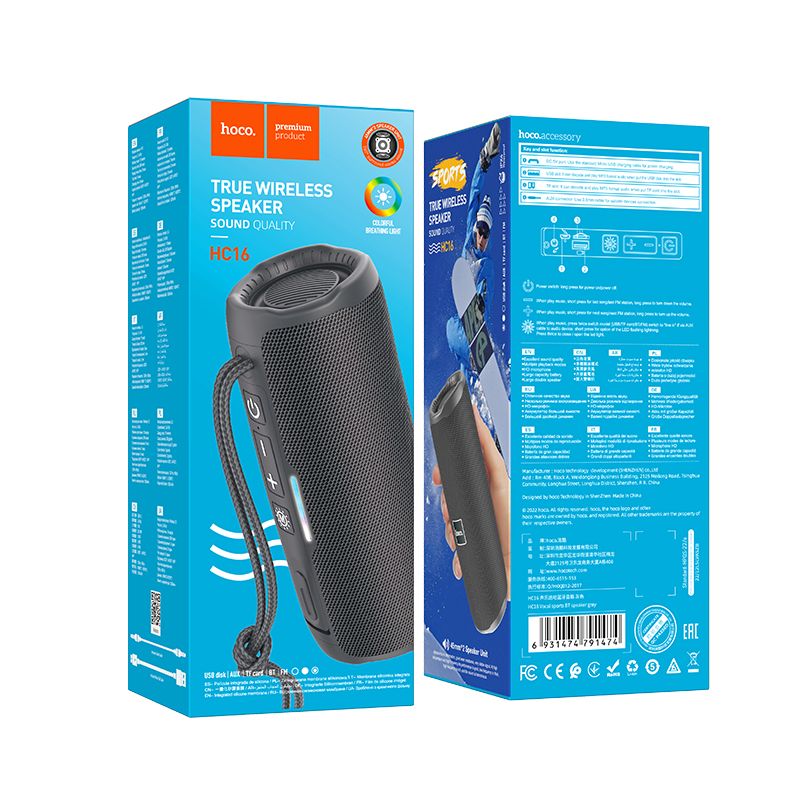 Coluna HOCO bluetooth HC16 Vocal cinza Desportivo