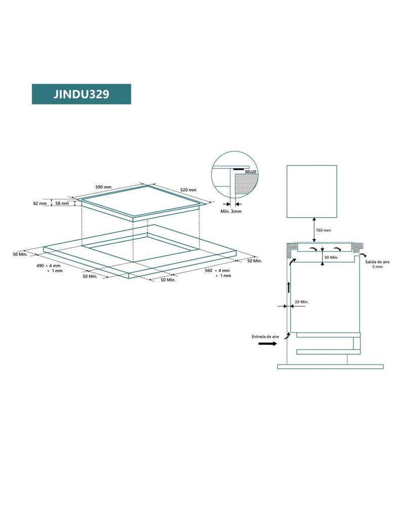 Placa de indução 60 cm 3 zonas de cozimento Johnson JINDU3291